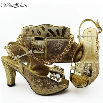 

WENZHAN Newest Gold Open Toe Shoes And Handbag Purse Set High Quality with top Crystal for wedding party B911-8