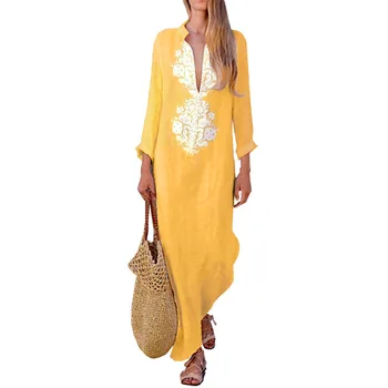 

Vintage Kaftan Women v neck long sleeve printed long maxi dress fall 2019 yellow gray khaki women dress cotton linen sukienka