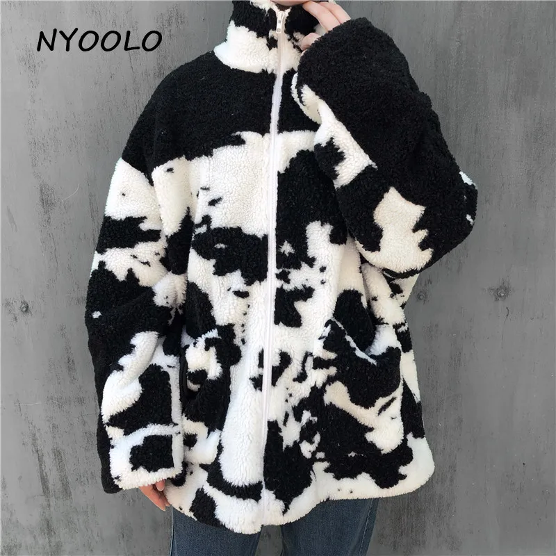 NYOOLO повседневные уличные пальто из овечьей шерсти с рисунком коровы, осенне-зимние свободные пальто в стиле хип-хоп, утолщенная теплая куртка на молнии, женская верхняя одежда