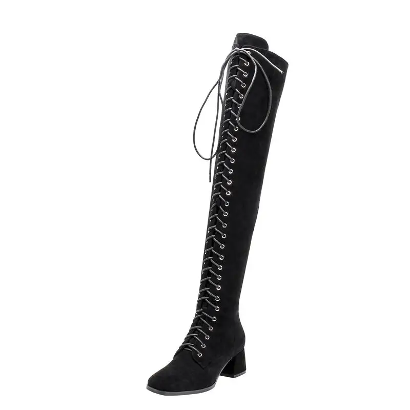 MNIXUAN/ г. Новая пикантная зимняя женская обувь из кожи и замши; ботфорты до бедра; черные высокие сапоги на высоком квадратном каблуке со шнуровкой - Цвет: Black matte cowhide