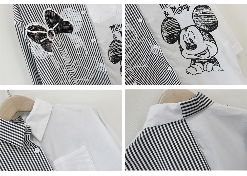 Mickey Mouse Blouses Women Shirt Chemise Femme Cartoon Long Sleeve Blusas Casual Loose Fashion Striped Stitching Shirts Female