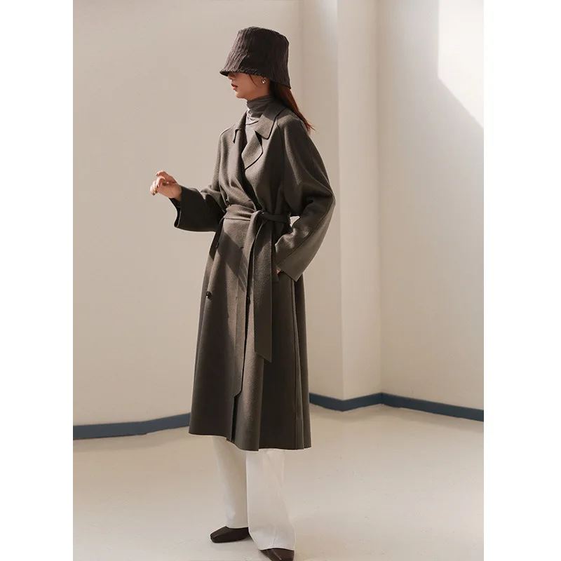 

designer women coats 2019 high quality Adjustable Waist Turn-down Collar Double Breasted Long Solid ropa de invierno para mujer