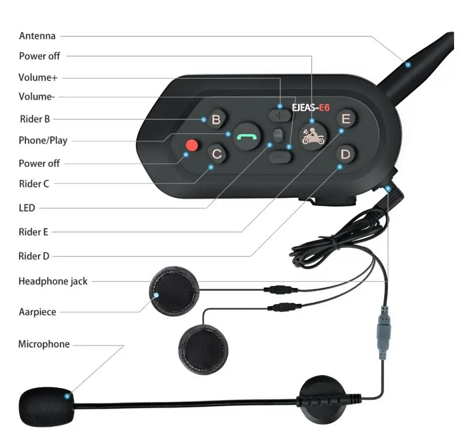 2 шт. EJEAS E6 1200 м Bluetooth домофон мотоциклетный шлем Переговорная гарнитура водонепроницаемый беспроводной Bluetooth Мото гарнитура переговорные