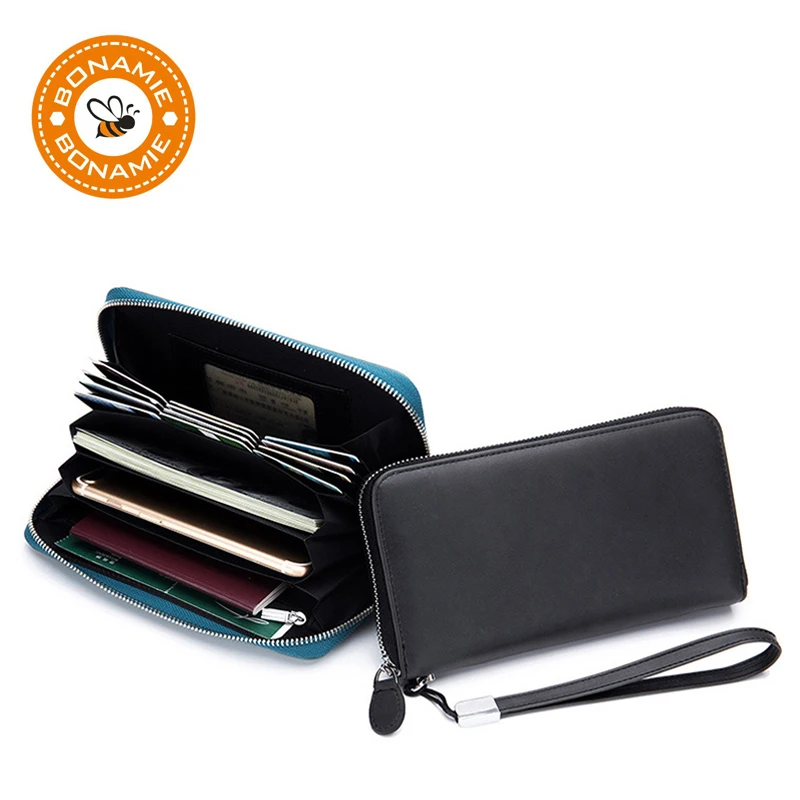 

BONAMIE Fashion Women Zipper Long Clutch Bag Business Mobile Phone Genuine Leather Wallet Men Credit Card Holder Wallets Purses
