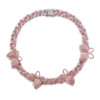 

4pcs butterfly pendant charms necklace women hip hop miami cuban curb link chain iced out pink rose gold rapper punk jewelry cz