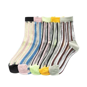 

2020 Summer New Women Socks Spell Color Striped Series Sheer Mesh Glass Silk Socks Ultrathin Transparent Crystal Lace Long Sock