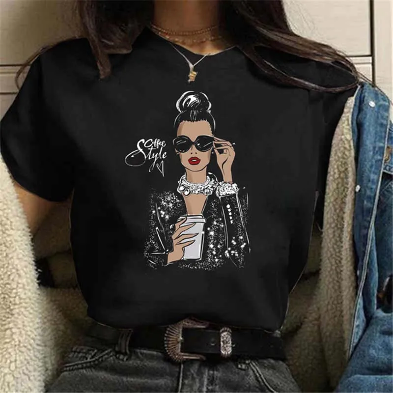 Maycaur T-Shirt Women Rose Gold Wine Glasses Print White and Black T-Shirt Summer Casual Loose Plus Size T Shirt Female Tops Tee cute summer crop tops