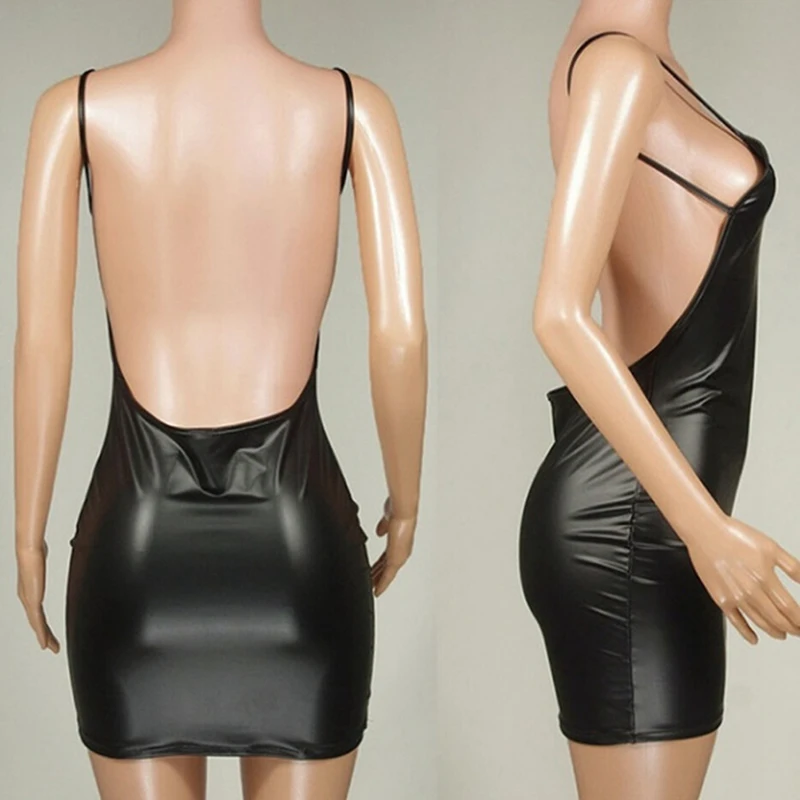 Sexy Faux Leather Dress Backless Club Party Short Dress Solid Black Wet Look Latex Bodycon Push Up Bra Mini Micro Dress