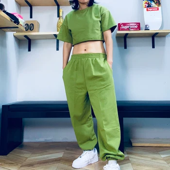 

New Jazz Hip Hop Dance Costumes Girls Army Green Cotton Knitted Short T-Shirt Ins Shorts Trousers Jazz Street Dance Wear DQS4361
