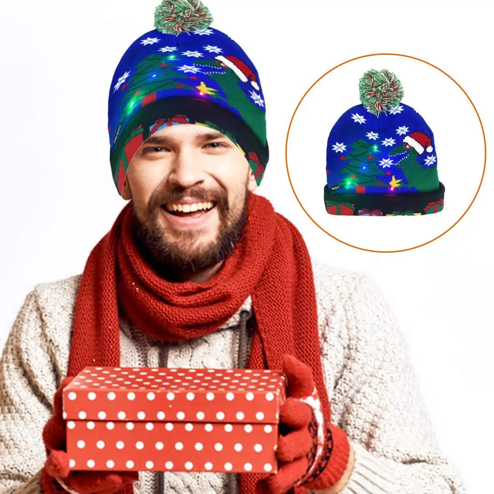 LED Light Up Christmas Hat Christmas Knitted Beanie Hat Party Warmer Cap For Kids Adults