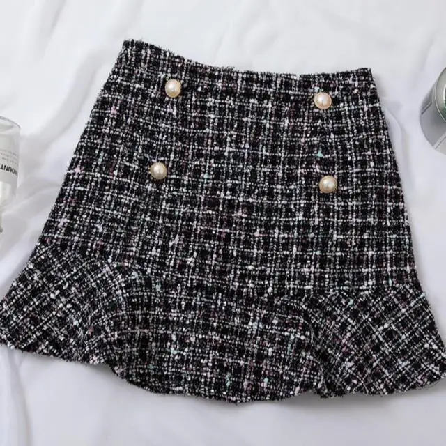 Черный New Korean of High Waist Tweed Skirt with Button Wool Half-length Black Skirt Autumn Winter - Цвет: Черный