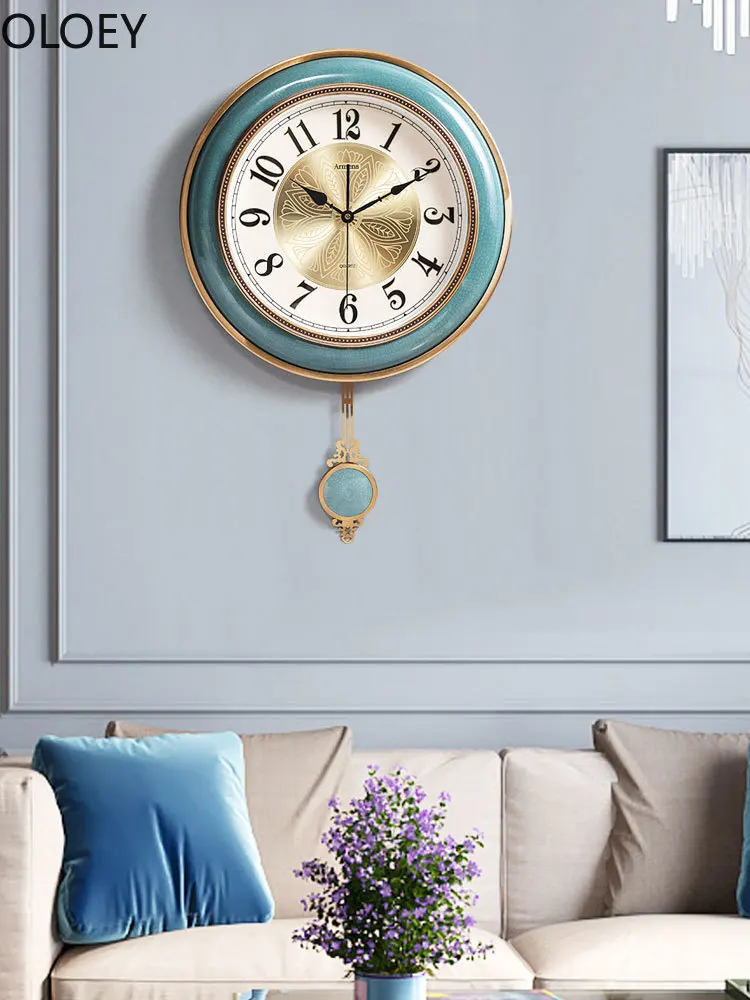 Luxury Blue Gold Large Wall Clock with Pendulum - Metal Vintage Wall Clock for Living Room Home Decor image 2