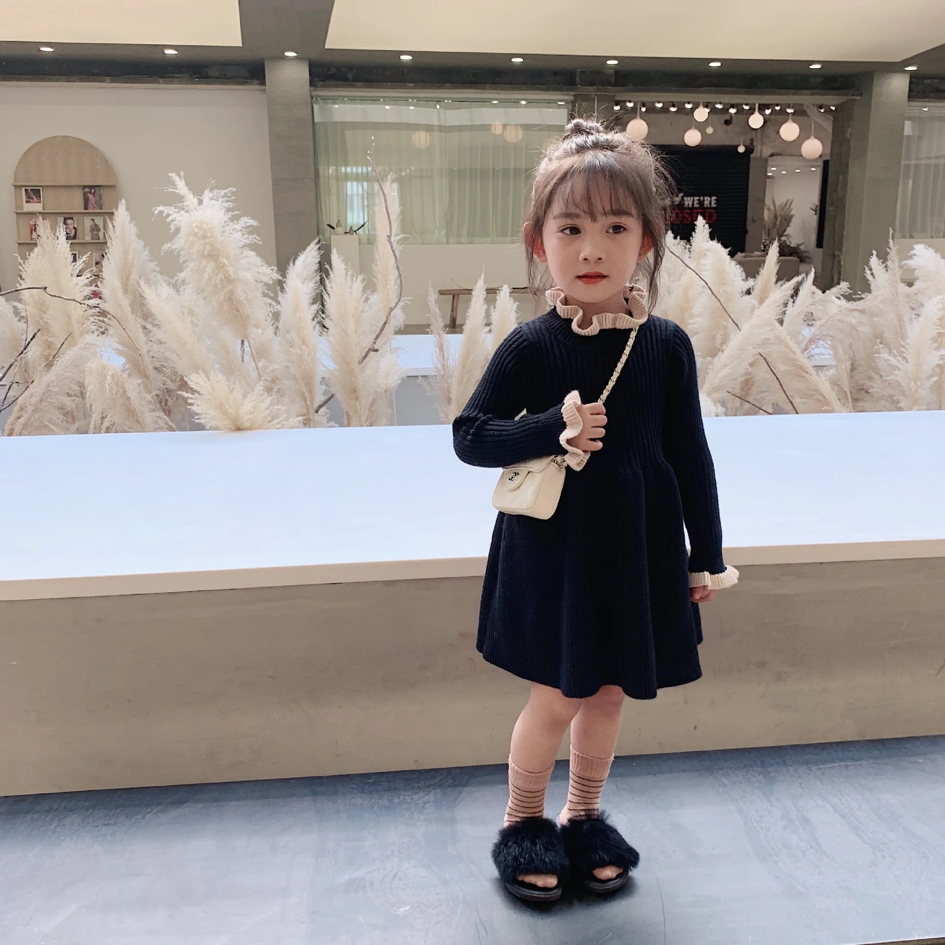 Новое поступление; Сезон Зима; хлопковое платье принцессы в Корейском стиле; универсальный вязаный свитер для милых маленьких девочек