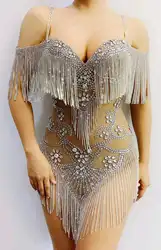 Sparkly Silver Rhinestone Fringe Transparent Bodysuit Festival Women Dancer Show Celebrate Outfit Prom Bar Birthday Outfit
