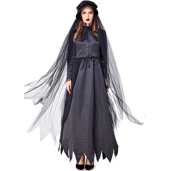 

New Arrival Halloween Cosplay Costume Ghost Bride Black Long Dress Hat Ladies Disfraz Party Show Stage Role Play