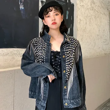 

Women's Heavy Rivet Tassel Element Denim Jackets Autumn Single Breasted Female Jean Jacket Fashion Casual Streetwear Ladies Coat
