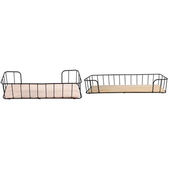 

2Pcs Wooden Iron Wall Shelf Wall Mounted Storage Rack Organizer for Bedroom Kitchen Home Decor Black - a & B