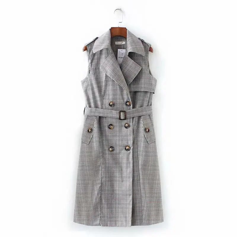 

Cjj-8235 Spring And Summer New Style 2019 Elegant Fashion Thousands of Birds Belt Button-up X-long Trench Coat Waistcoat