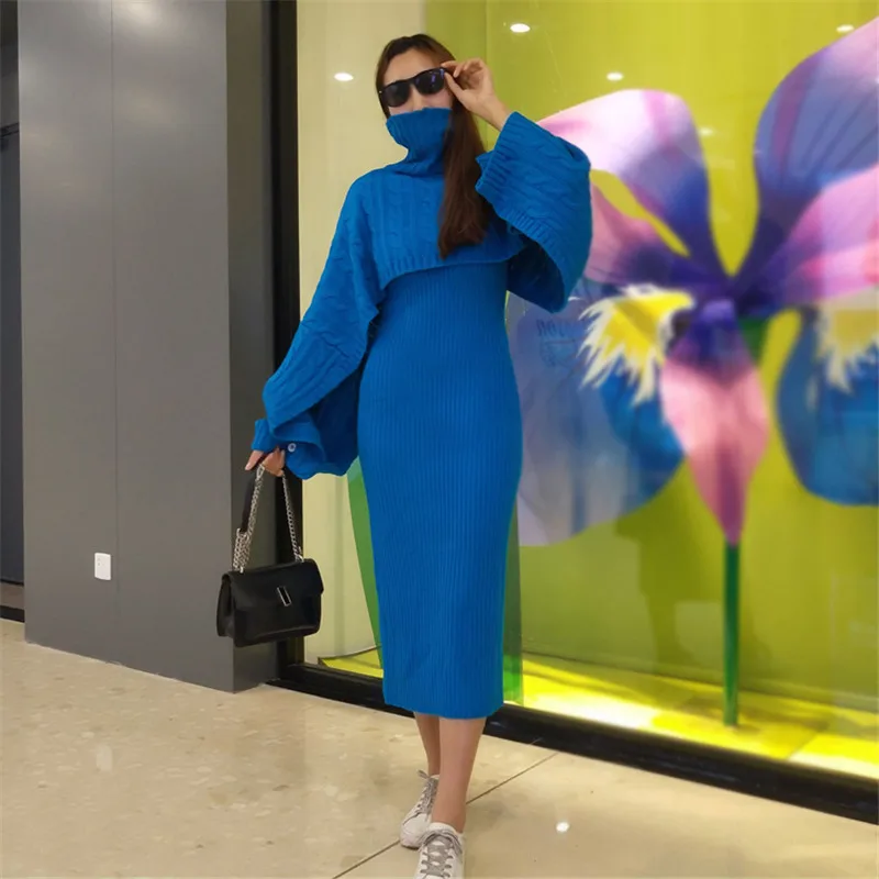 

Runway Winter Women 2 Piece Dress Blue Cloak Knitted Turtlenek Loose Crop + Vest Long Split Bodycon Pencil Skirt Suits