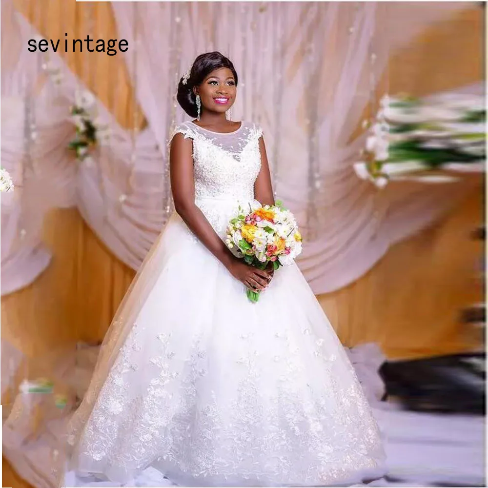 

African White Princess Lace Wedding Dresses 2020 Sheer Boat Neck Backless Plus Size Gowns Bride Dress suknia slubna