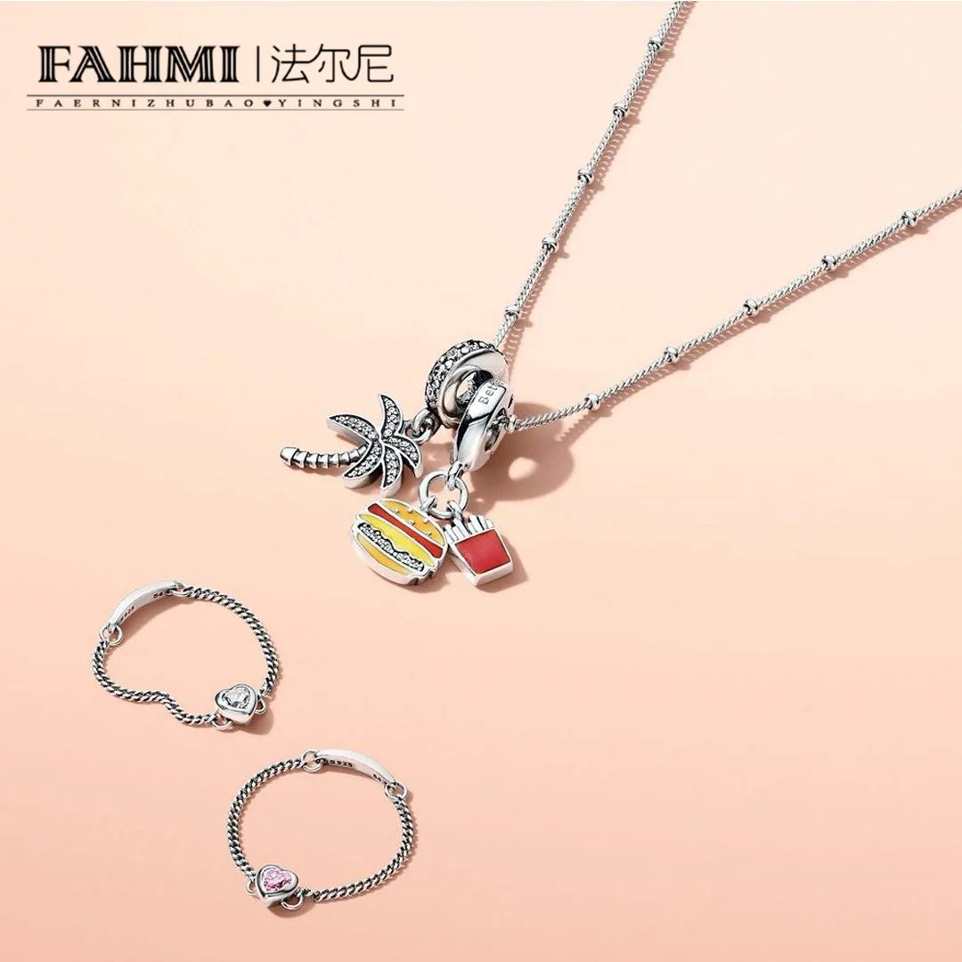 

FAHMI 100% 925 Sterling Silver SPIRITED HEART RING PALM TREE HANGING CHARM Burger Fries Mixed Burger Pendant Necklace Set