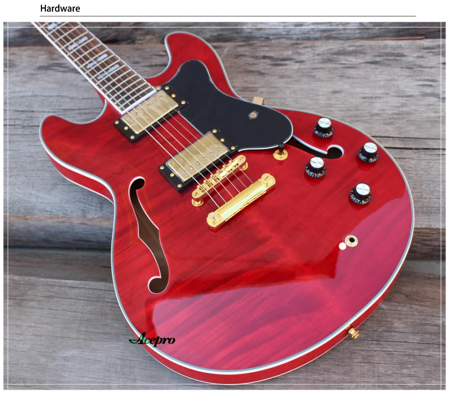 Acepro джаз электрогитара с пламенем клена, Полу полый корпус Archtop гитары, Золотое оборудование, Abalone блок инкрустаций