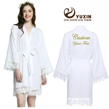 Обычай ваш текст сплошное хлопковое Кимоно Одежда для невесты w/кружевная отделка женское свадебное платье короткий пояс халат пижамы