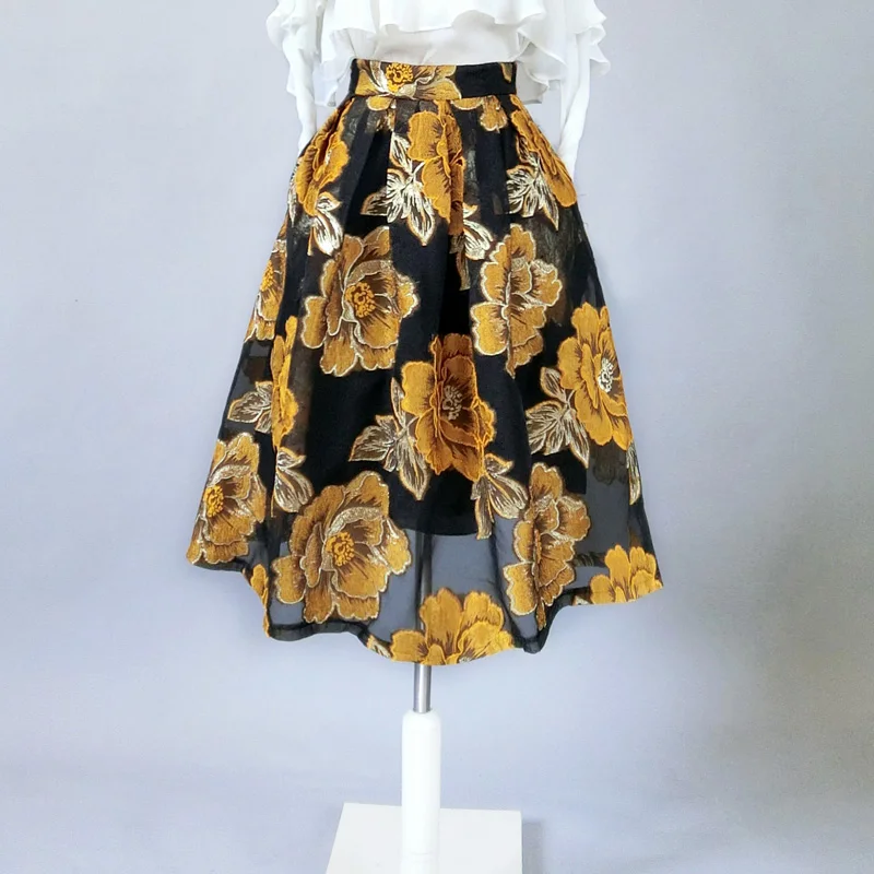 

Spring Summer Fall Women Elegant Embroidery A-line Middle Long Golden Skirt Free Shipping XHSD-3384