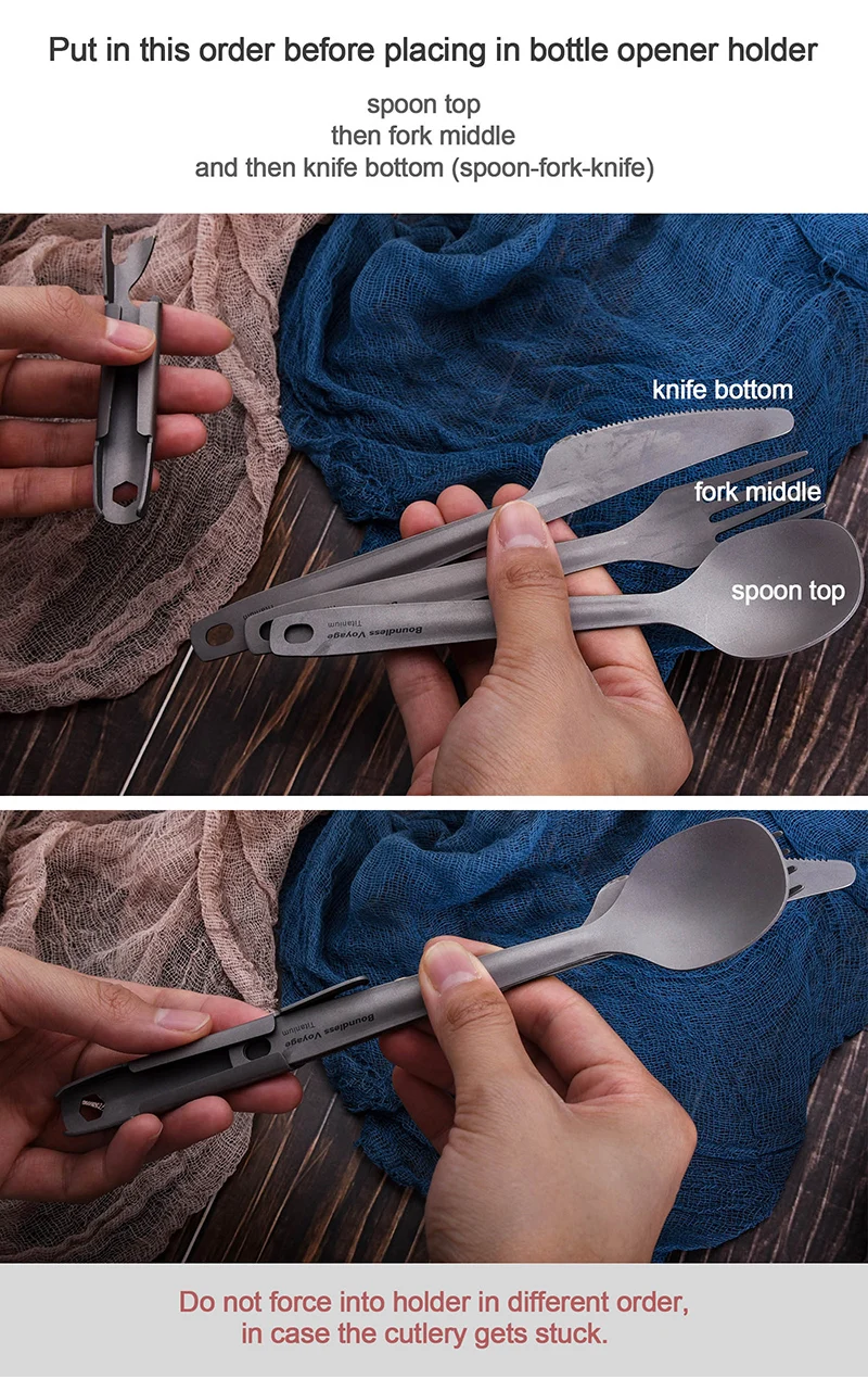 Boundless Voyage Utility-Besteckset, 4-teilig, mit Tragetasche, Titan, Löffel, Gabel, Messer und Flaschenöffner für Reisen, Camping – Detail 7