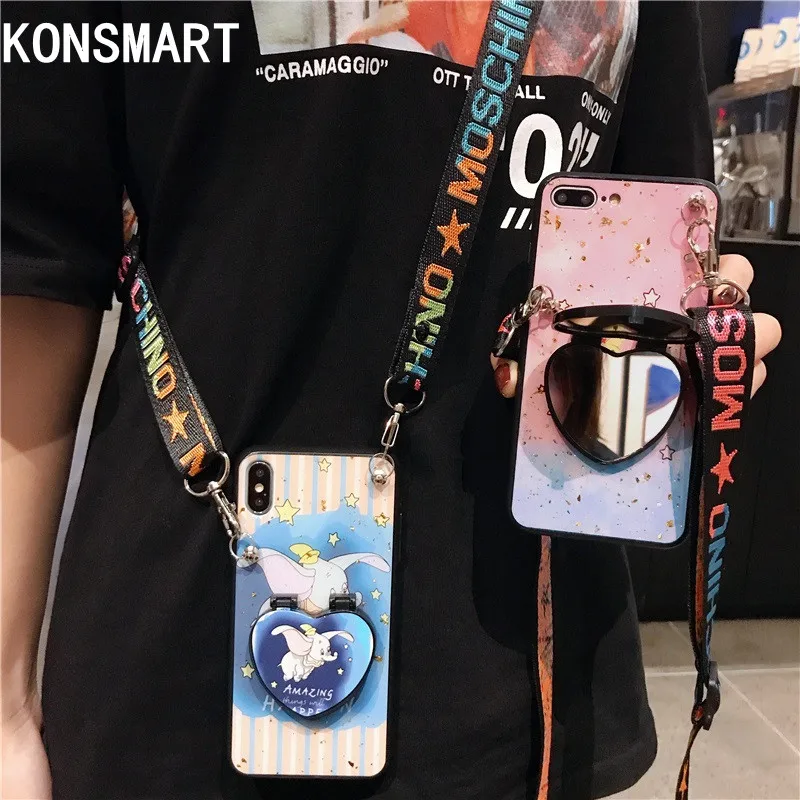 3D мультфильм слон макияж зеркальный чехол для телефона для iPhone 8 7 Plus 6s X XR XS MAX чехол с ремешком задняя крышка для iPhone 11 Pro MAX