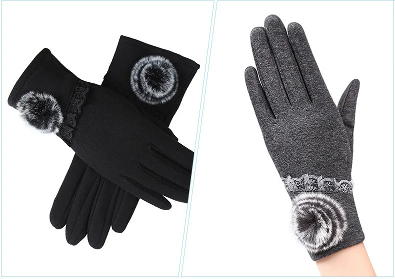 Женские модные теплые хлопковые перчатки для сенсорного экрана перчатки женские зимние перчатки Цветочные кружевные варежки с бантом