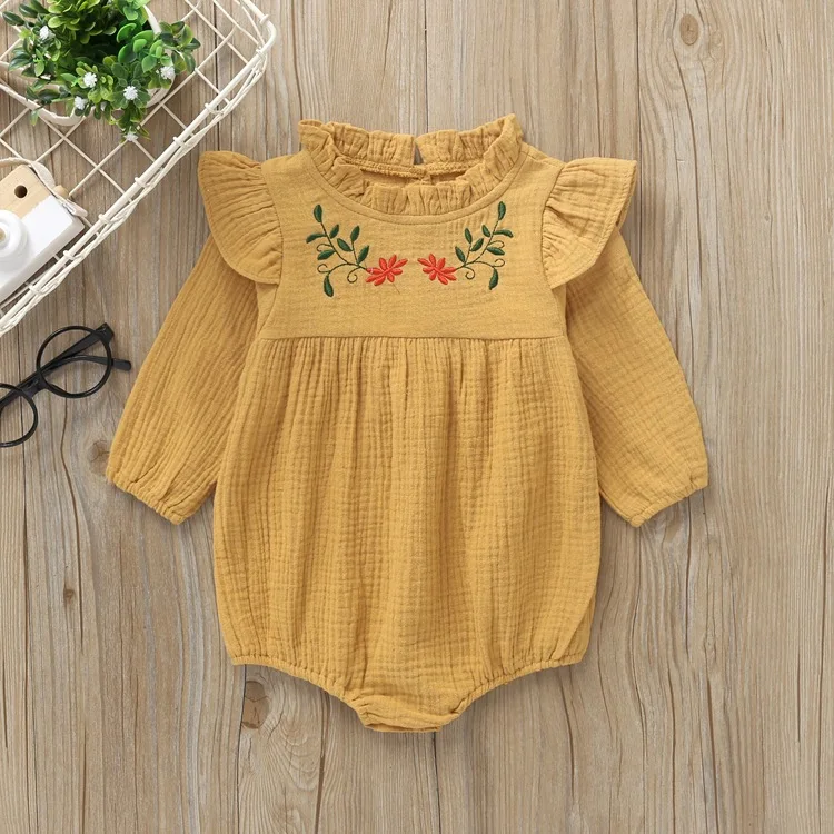 6M-2T bodysuit for girls embroidery flower on collar full length long sleeve solid color clothing - Цвет: Цвет: желтый