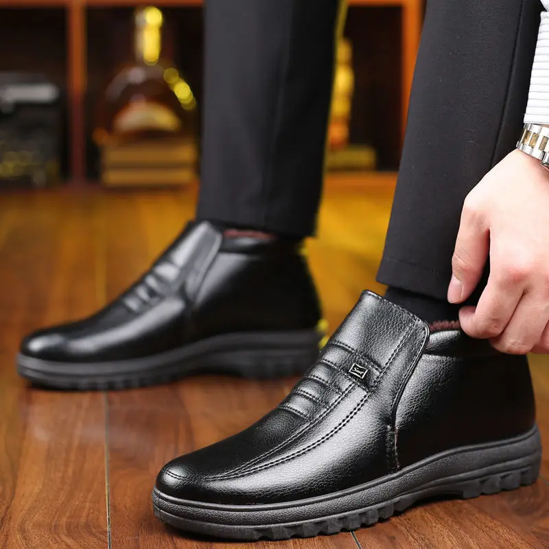 Winter Waterproof Men's Casual Leather Shoes Flannel High Top Slip-on Male Casual Shoes Rubber Warm Winter for Mens