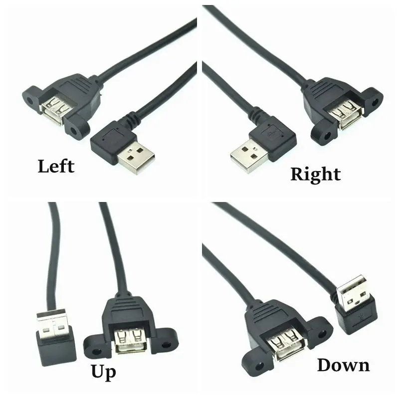 90 Degree Up & Down & Left & Right Angled USB 2.0 A Male Connector to Female Extension Cable With Panel Mount Hole 25cm 50cm