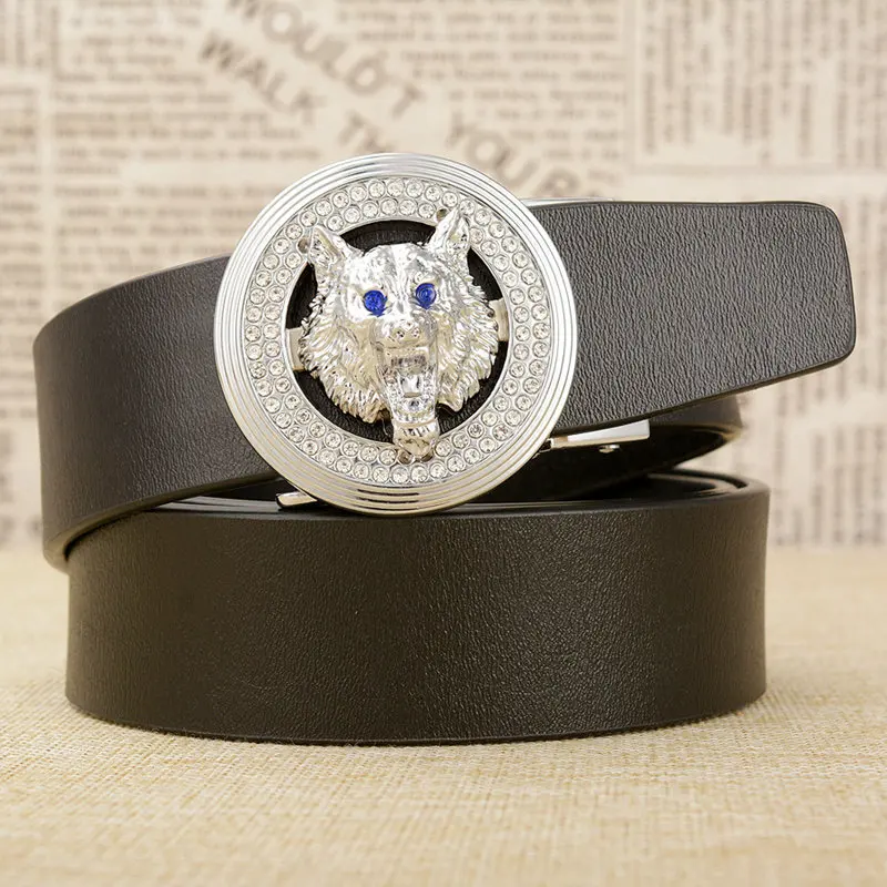 black Sliver buckle Мужской ремень с пряжкой в виде волчьей головы, роскошная Высококачественная натуральная кожа, брендовый дизайнерский автоматический мужской ремень с пряжкой, горячая Распродажа - Цвет: black Sliver buckle