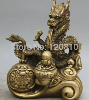 

8" Chinese Folk Brass Wealth treasure bowl Zodiac Year Dragon Statue Sculpture