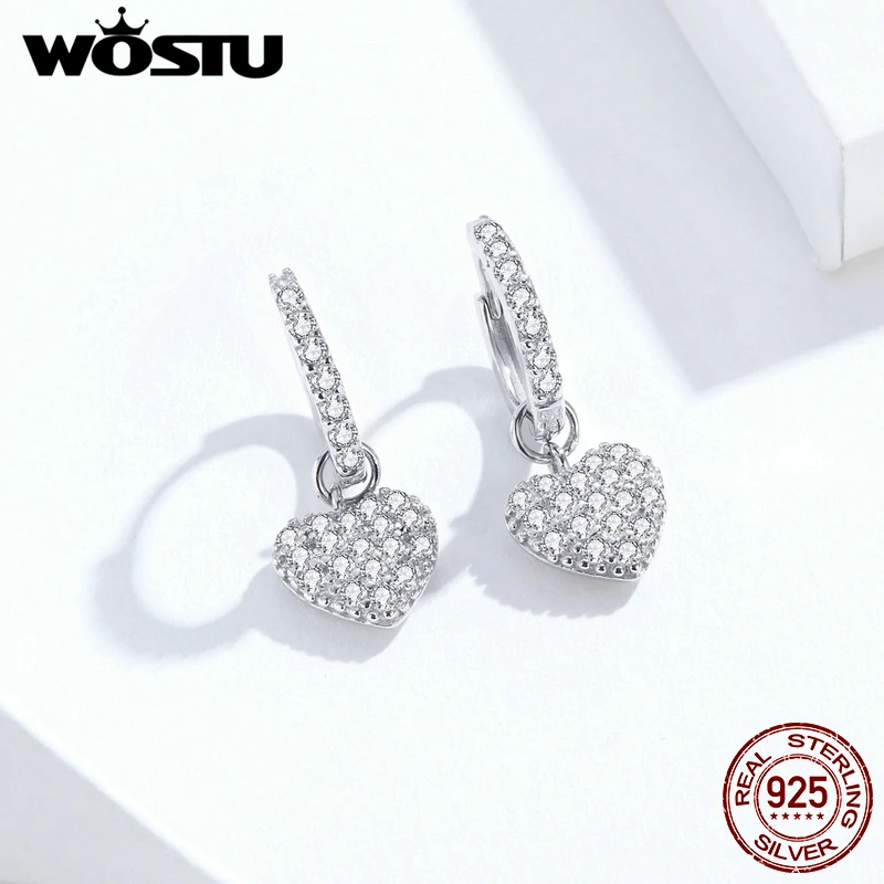 Koop Wostu Echt 925 Sterling Zilver Unieke Heart Drop Oorbellen Voor Vrouwen Brilliant Zirconia Bungelt Oorbellen Minnaar Sieraden CQE821