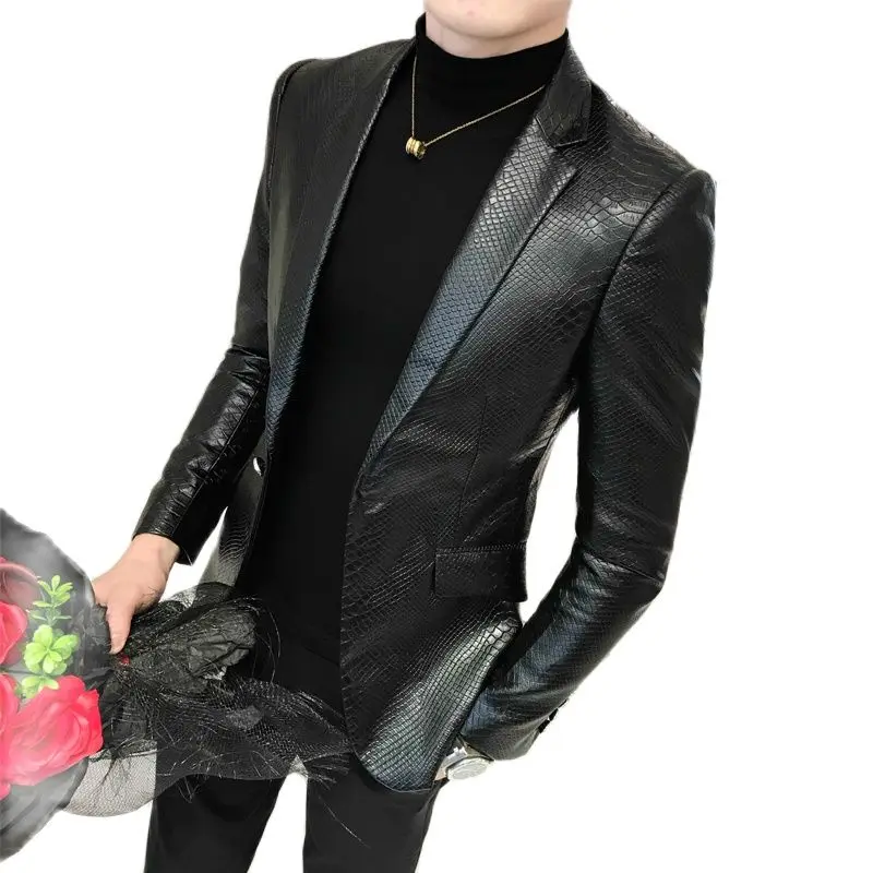 Men's Slim Suit Jacket Material Leather Jacket Black Men's Suit Jacket