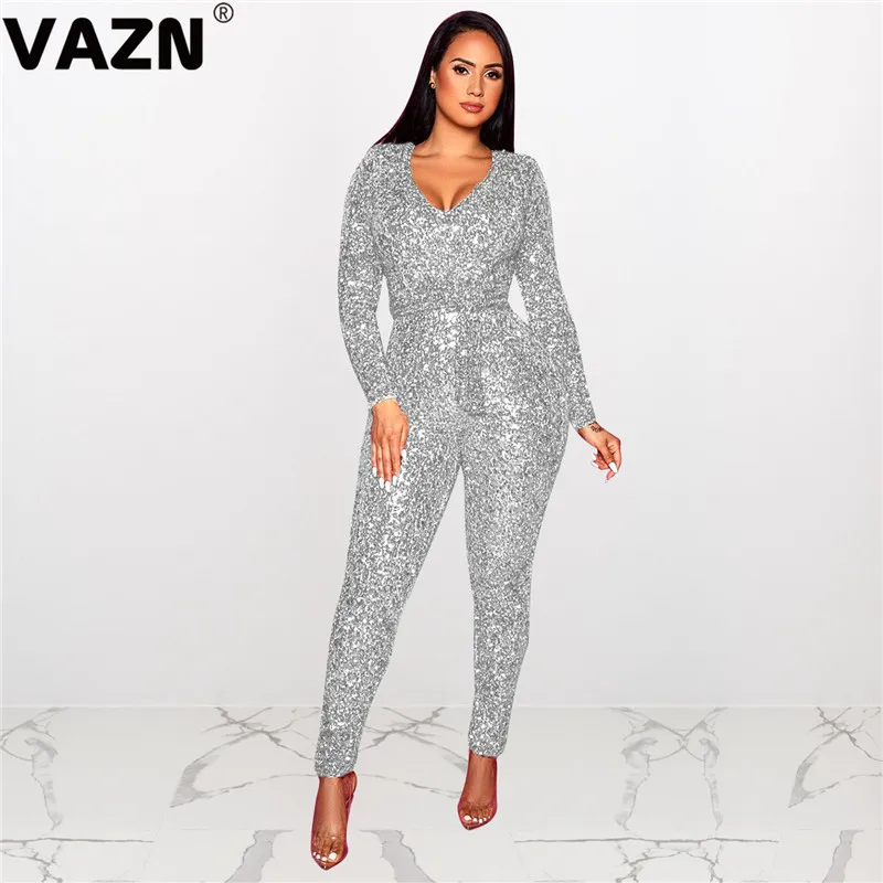 VAZN, v-образный вырез, с блестками, однотонный, яркий, модный, уличный, Повседневный, облегающий, сексуальный, длинные штаны, тонкий, длинный комбинезон