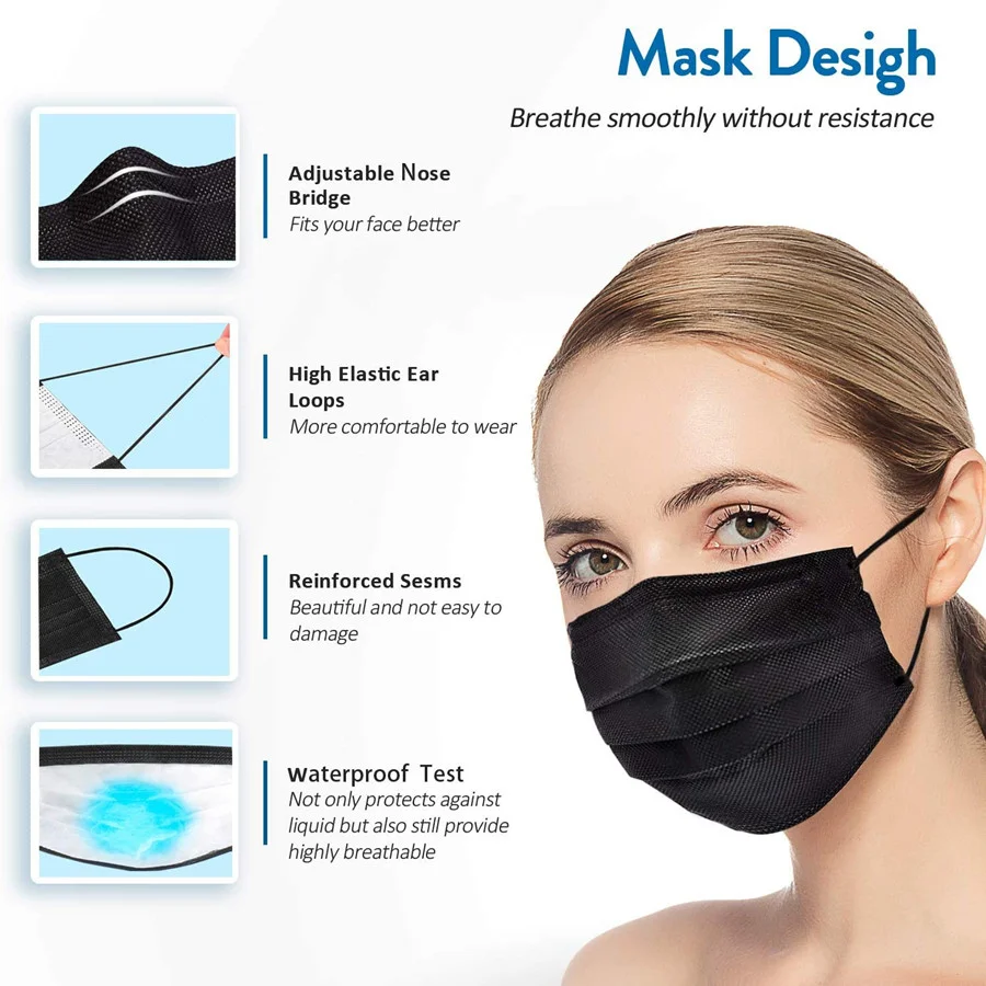 Face Mask 100PCS Adult Black Disposable Masks 3-Layer Filter Protection  Breathable Dust Masks with Elastic Ear Loop for Men Women Adult - Black  100pcs