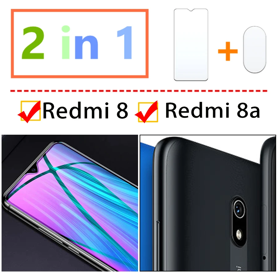 2в1 Защитное стекло для xiaomi redmi 8 8a защита экрана ksiomi readmi a a8 cam с объективом камеры glas