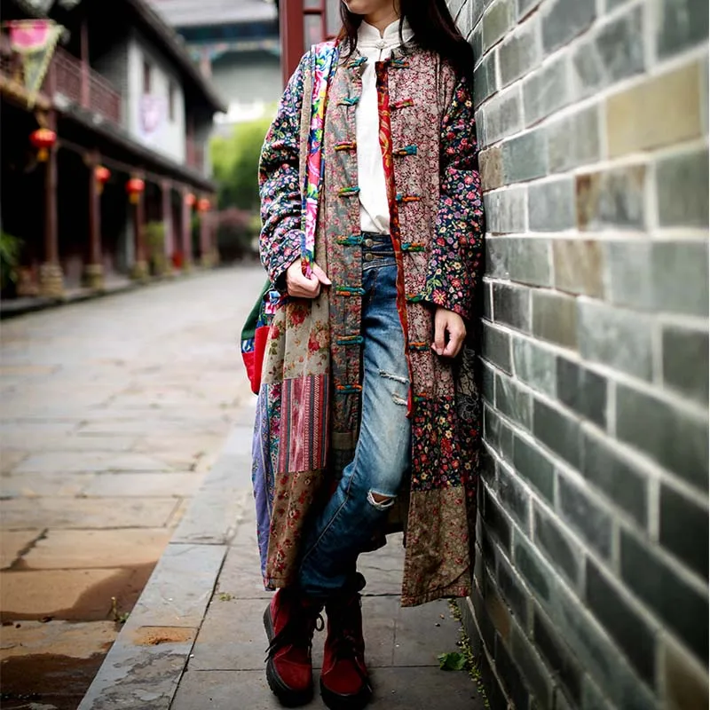 Free Shipping Vintage Cotton Linen Long Mid-calf Coat Women Flower Loose Chinese Style Outerwear Long Sleeve Patchwork Dresses