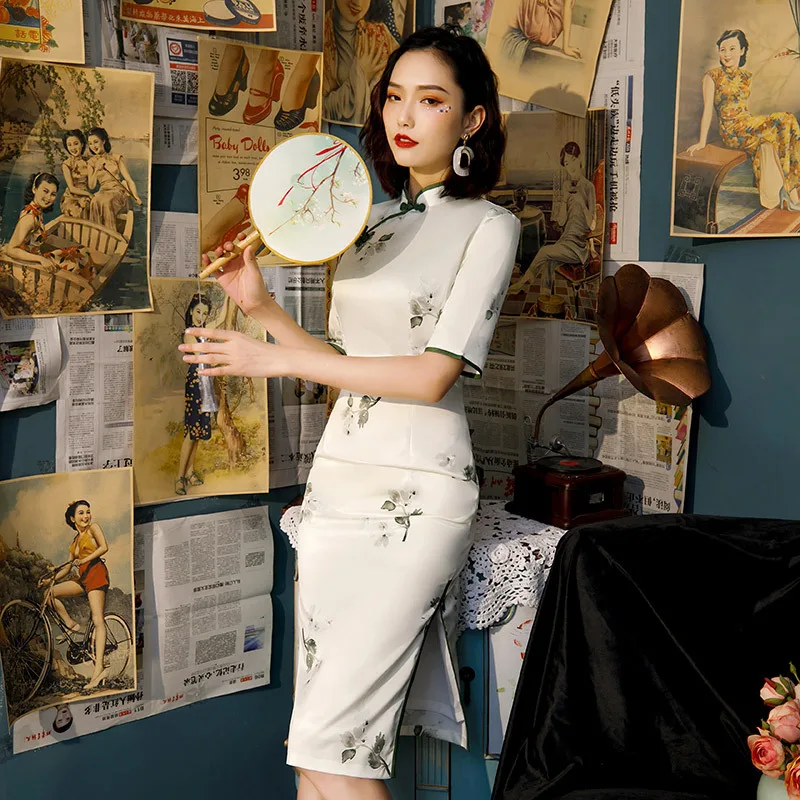 Женская Китайская одежда с коротким рукавом Cheongsam Китайский Стиль Элегантное повседневное традиционное платье атласное шелковое Qipao