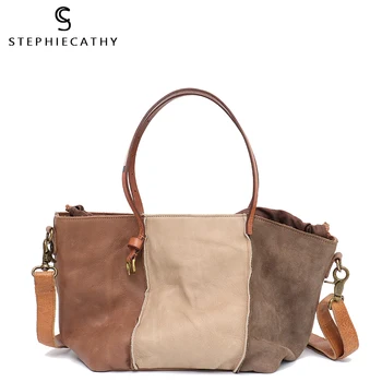 

SC Retro Cow Leather Women Tote Quality Genuine Leather Shoulder Bag Ladies Drawstring Handbag Casual Crossbody Patchwork Bolsa