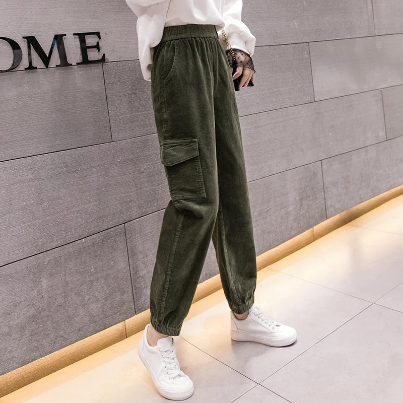 Army Green KINOMI, Осень-зима, женские брюки-карго, повседневные, на завязках, скрученные, вельветовые, повседневные, свободные, шикарные, женские брюки с карманами - Цвет: Army Green