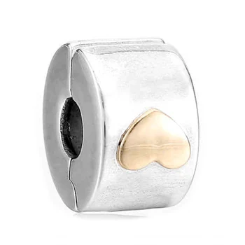 

New 925 Sterling Silver Bead Charm Gold Color Classic Heart Fixed Clip Lock Stopper Beads Fit Pandora Bracelet Diy Jewelry