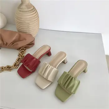

2020 Fashion Green Red Strappy Mule Heels Sandals Slippers Women Summer High Heels Flip Flops Square Toe Slides Party Shoes