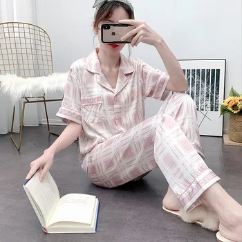 

Fiklyc Summer Thin Ice Silk Cardigan Ladies Pajamas Sexy Lapel Home Service Small Fresh Plaid Suit