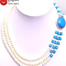 Qingmos натуральный 6-7 мм плоский круглый белый жемчуг ожерелье для женщин с голубой бирюзовый 3 нити жемчужное колье ожерелье ювелирные изделия 17"