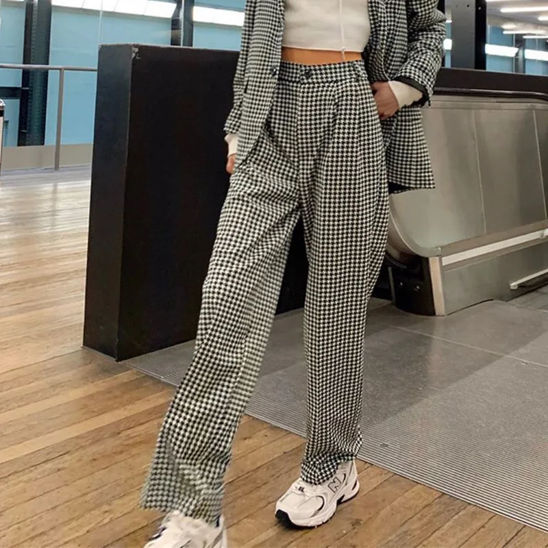 High Waisted England Style Hip Hop Punk Streetwear Outfits Women Casual Plaid Pattern Baggy Straight Pants Office Lady Trousers